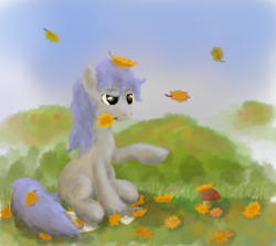 Size: 1024x913 | Tagged: safe, artist:grayma1k, oc, oc only, oc:dreamcatcher (grayma1k), earth pony, autumn, autumn leaves, grass, grass field, leaf, leaves, letter, mouth hold, mushroom, sitting, solo