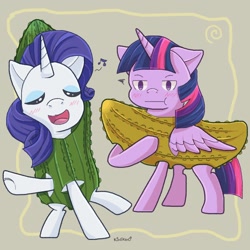 Size: 1024x1024 | Tagged: safe, artist:kingkero, derpibooru import, rarity, twilight sparkle, twilight sparkle (alicorn), alicorn, pony, unicorn, atg 2019, blushing, clothes, costume, female, food, food costume, lesbian, newbie artist training grounds, pickle, rarilight, shipping