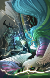 Size: 2239x3500 | Tagged: safe, artist:batonya12561, storm king, oc, oc:mark wells, alicorn, pony, yeti, fanfic:off the mark, my little pony: the movie, armor, book cover, commission, cover, duo, electricity, female, male, mare, not celestia, staff, staff of sacanas