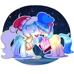 Size: 1280x1280 | Tagged: safe, artist:rachelclaradrawz, oc, oc only, oc:marina, oc:shimmering shore, earth pony, pony, beret, box, clothes, female, hat, mare, scarf