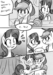 Size: 1024x1458 | Tagged: safe, artist:provolonepone, applejack, rarity, earth pony, pony, unicorn, comic:a sapphic story, blushing, carousel boutique, comic, cutie mark, female, hug, lesbian, monochrome, more than friends, rarijack, relationship, shipping, snuggling