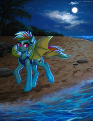 Size: 997x1300 | Tagged: safe, artist:margony, derpibooru import, oc, oc only, oc:kokomo, bat pony, pony, bat pony oc, beach, commission, female, hooves, mare, night, solo, water