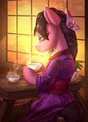 Size: 1920x2668 | Tagged: safe, artist:tsitra360, artist:vest, oc, oc only, oc:lotus inkstick, pony, semi-anthro, collaboration, braid, clothes, commission, female, flower, flower in hair, hair over one eye, hoof hold, kimono (clothing), looking at you, looking back, looking back at you, mare, sitting, smiling, smirk, solo