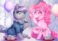 Size: 7016x4960 | Tagged: safe, artist:8bitgalaxy, boulder (pet), maud pie, pinkie pie, earth pony, pony, absurd resolution, balloon, birthday party, cake, chest fluff, eyes closed, food, maud's cave, party, signature, sitting