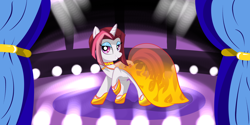 Size: 8000x4000 | Tagged: safe, artist:wilshirewolf, cayenne, pony, unicorn, canterlot boutique, background pony, bedroom eyes, clothes, curtains, dress, fire pattern, raised hoof, see-through, smiling, solo