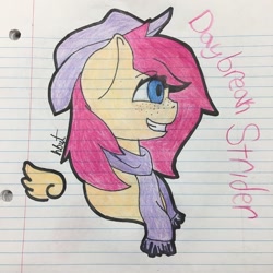 Size: 1080x1080 | Tagged: safe, artist:alilunaa, oc, oc:daybreak strider, pegasus, pony, clothes, female, hat, lined paper, mare, profile, scarf, smiling, solo, traditional art