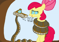 Size: 3508x2480 | Tagged: safe, artist:mistydash, apple bloom, pony, snake, coils, dialogue, imminent vore, kaa, kaa eyes, mind control, peril, this will not end well