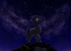 Size: 1200x855 | Tagged: safe, artist:grayma1k, oc, oc only, oc:dreamcatcher (grayma1k), earth pony, pony, book, night, one hoof raised, pile of books, solo, stars