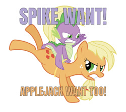 Size: 750x669 | Tagged: safe, artist:sulyo, derpibooru import, edit, editor:undeadponysoldier, applejack, spike, dragon, earth pony, pony, aggressive, angry, applespike, female, hatless, male, meme, missing accessory, riding, rodeo, shipping, simple background, spike want, straight, text, white background