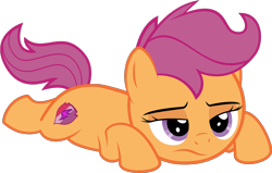 Size: 1704x1087 | Tagged: safe, artist:redpandapony, artist:sollace, edit, editor:slayerbvc, scootaloo, earth pony, bored, cutie mark, female, filly, prone, race swap, sad, simple background, solo, the cmc's cutie marks, transparent background, unamused, vector, vector edit