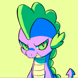 Size: 1280x1286 | Tagged: safe, artist:mewball, spike, dragon, bust, dragon greed, fangs, glare, green background, green eyes, looking at you, male, simple background, slit eyes, smiling, smirk, solo