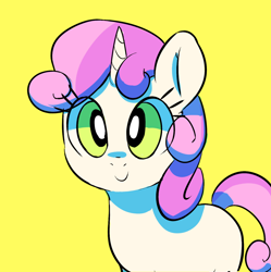 Size: 1280x1286 | Tagged: safe, artist:mewball, sweetie belle, pony, unicorn, blank flank, cute, diasweetes, female, filly, green eyes, simple background, solo, two toned mane, yellow background