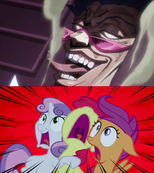 Size: 1280x1440 | Tagged: safe, edit, edited screencap, screencap, apple bloom, scootaloo, sweetie belle, appleoosa's most wanted, alessi, cutie mark crusaders, jojo's bizarre adventure, meme, scared, screaming, stardust crusaders, tongue out, what are the crusaders screaming at