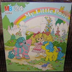 Size: 517x519 | Tagged: safe, baby bouncy, molly williams, g1, bow, flower, garden, gate, hair bow, milton bradley, official, puzzle, tree, zig zag