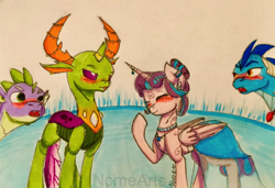 Size: 2356x1616 | Tagged: safe, artist:nomearts, princess ember, princess flurry heart, spike, thorax, alicorn, changedling, changeling, dragon, bisexual, blushing, clothes, dragoness, dress, embarrassed, emberheart, female, flurrax, gay, giggling, hey, king thorax, lesbian, male, mare, objection, older, older flurry heart, shipping, straight, thoraxspike