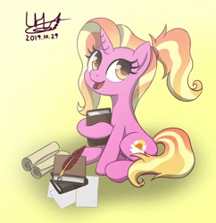 Size: 1280x1323 | Tagged: safe, artist:livehotsun, luster dawn, pony, unicorn, the last problem, book, cute, female, happy, lusterbetes, mare, open mouth, paper, quill, scroll, signature, sitting, smiling, solo