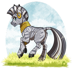 Size: 1313x1250 | Tagged: safe, artist:inuhoshi-to-darkpen, zecora, zebra, bracelet, butt, dock, ear piercing, earring, female, grass, jewelry, mare, neck rings, piercing, plot, quadrupedal, solo, stripes