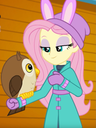 Size: 771x1027 | Tagged: safe, screencap, fluttershy, bird, owl, better together, equestria girls, holidays unwrapped, chad (owl), clothes, coat, cropped, cute, hat, mittens, self-storage facility, solo, winter break-in, winter coat, winter outfit