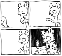 Size: 860x780 | Tagged: safe, artist:eto ya, earth pony, pony, alcohol, bald, bottle, comic, depression, meme, monochrome, ponified, ponified meme, sad, sweat