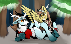 Size: 2560x1600 | Tagged: safe, artist:lordofthefeathers, oc, oc only, oc:ferb fletcher, pegasus, pony, antlers, big smile, christmas, clothes, costume, holiday, santa costume, scarf, solo, winter ramun