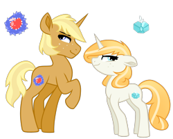 Size: 2500x2000 | Tagged: safe, artist:koloredkat, oc, oc only, oc:patchwork, oc:zircon, pony, unicorn, duo, female, horn, magical lesbian spawn, male, mare, offspring, parent:applejack, parent:rarity, parent:trenderhoof, parents:rarijack, parents:trenderjack, raised hoof, reference sheet, simple background, stallion, story included, transparent background, unicorn oc