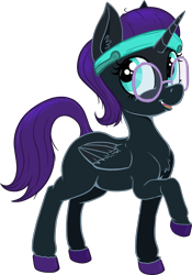 Size: 2288x3277 | Tagged: safe, artist:paskanaakka, derpibooru exclusive, oc, oc only, oc:nyx, alicorn, pony, 2020 community collab, chest fluff, colored hooves, commission, derpibooru community collaboration, ear fluff, female, filly, glasses, headband, simple background, smiling, solo, transparent background, unshorn fetlocks