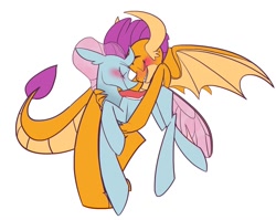 Size: 1280x1020 | Tagged: safe, artist:cocomintkitty, ocellus, smolder, blushing, cute, diaocelles, eyes closed, female, hug, lesbian, shipping, simple background, smiling, smolcellus, smolderbetes, white background