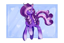 Size: 1024x697 | Tagged: safe, artist:broqentoys, oc, oc only, oc:sweet bouquet, pony, unicorn, blaze (coat marking), cute, heart, looking up, obtrusive watermark, ocbetes, raised hoof, ribbon, smiling, solo, watermark