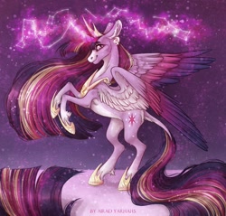 Size: 1280x1225 | Tagged: safe, artist:airadyarhahs, princess twilight 2.0, twilight sparkle, twilight sparkle (alicorn), alicorn, classical unicorn, pony, the last problem, colored wings, curved horn, glowing horn, hoof shoes, horn, leonine tail, magic, multicolored wings, peytral, rearing, signature, smiling, solo, unshorn fetlocks, wings