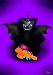 Size: 2480x3496 | Tagged: safe, artist:moon-wing, nightmare moon, scootaloo, pony, female, filly, ominous, rainbow dash plushie