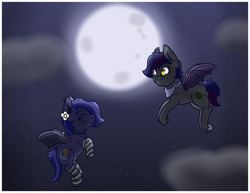 Size: 1320x1020 | Tagged: safe, artist:lazerblues, derpibooru import, oc, bat pony, pony, bat pony oc, clothes, flower, flower in hair, moon, socks, striped socks