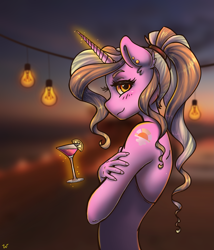 Size: 2937x3433 | Tagged: safe, artist:pitchyy, luster dawn, anthro, unicorn, alcohol, alternative cutie mark placement, beach, blushing, cute, delicious flat chest, drink, ear piercing, female, high res, looking at you, lusterbetes, magic, mare, piercing, profile, shoulder cutie mark, side view, smiling, solo, telekinesis