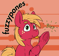 Size: 1510x1440 | Tagged: safe, artist:fuzzypones, big macintosh, earth pony, pony, :p, abstract background, badge, con badge, frog (hoof), male, solo, stallion, tongue out, underhoof