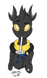 Size: 819x1354 | Tagged: safe, artist:btbunny, derpibooru exclusive, oc, oc:flavis, changeling, changeling oc, colored, colored pupils, cute, drink, male, quadrupedal, simple background, soda, solo, white background, yellow changeling