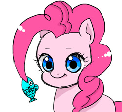 Size: 650x595 | Tagged: safe, artist:nayu, artist:sea contact, derpibooru import, pinkie pie, earth pony, fish, pony, biting, cute, diapinkes, female, hair bite, mare, pixiv, ponk, simple background, solo, white background