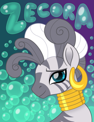 Size: 1159x1500 | Tagged: safe, artist:cloudyglow, zecora, zebra, it isn't the mane thing about you, bubble, bust, ear piercing, female, jewelry, looking at you, mare, movie accurate, necklace, piercing, shampoo, solo