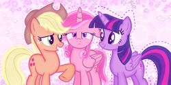Size: 1076x535 | Tagged: artist needed, safe, applejack, twilight sparkle, twilight sparkle (alicorn), alicorn, earth pony, pony, unicorn, a horse shoe-in, the ending of the end, female, mare, spoilers for another series