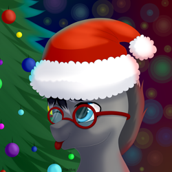 Size: 3000x3000 | Tagged: safe, artist:starshade, oc, oc only, oc:zenfox, pony, bust, christmas, christmas tree, commission, glasses, hat, holiday, male, new year, portrait, santa hat, smiling, solo, tongue out, tree, ych result, your character here