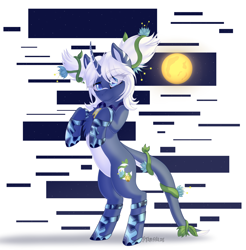 Size: 2576x2623 | Tagged: safe, artist:starshade, oc, oc only, pony, unicorn, curved horn, cute, cutie mark, female, full body, high res, horn, mare, moon, rearing, signature, smiling, solo, white hair, white mane