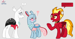 Size: 2452x1280 | Tagged: safe, artist:peregrinstaraptor, oc, oc only, oc:speckledust, oc:sunfyre, oc:ventral, changedling, changeling, pegasus, female, male, stallion