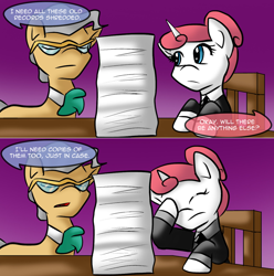 Size: 1280x1292 | Tagged: safe, artist:tailzkip, mayor mare, pony, unicorn, ask, ask pun, female, mare, paper, redundant