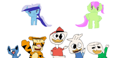 Size: 1362x626 | Tagged: safe, artist:1126jewel5, merry may, minuette, anthro, big cat, bird, digitigrade anthro, duck, pegasus, pony, tiger, unicorn, 1000 hours in ms paint, crossover, dewey, disney, downvote bait, duck tales 2017, huey, huey dewey and louie, looking at you, louie, peep and the big wide world, simple background, tigger, tom (peep and the big wide world), white background