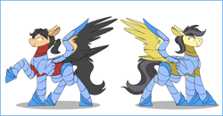 Size: 1896x984 | Tagged: safe, artist:selective-yellow, oc, oc:iryerris, oc:playbitz, pegasus, pony, armor, pegasus wings, wing armor, wings