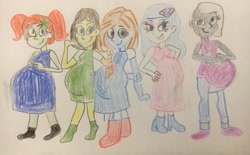 Size: 3932x2440 | Tagged: safe, artist:13mcjunkinm, oc, oc:blue bonnet, oc:emerald stardust, oc:prima donna, oc:sandy swirl, oc:stormy reins, equestria girls, group photo, multiple pregnancy, pregnant, pregnant equestria girls, traditional art