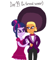 Size: 3000x3331 | Tagged: safe, artist:bigpurplemuppet99, saffron masala, twilight sparkle, equestria girls, 30 day otp challenge, afro, clothes, dress, female, formal dress, formal wear, lesbian, shipping, tuxedo, twiffron