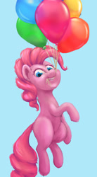 Size: 642x1167 | Tagged: safe, artist:stratodraw, derpibooru import, pinkie pie, earth pony, pony, balloon, blue background, floating, mouth hold, simple background, smiling, solo, then watch her balloons lift her up to the sky