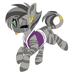 Size: 2477x2477 | Tagged: safe, artist:red_moonwolf, edit, oc, oc only, oc:zyala, zebra, clothes, colored, cute, ear piercing, earring, female, hoodie, jewelry, looking at you, mare, one eye closed, piercing, simple background, solo, tongue out, transparent background, wink, zebra oc