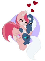 Size: 1080x1462 | Tagged: safe, oc, oc:archimedes, oc:filly fête, bat pony, pegasus, pony, unicorn, bat pony oc, bat wings, cutie mark, female, heart, huggies, hugging a pony, lesbian, oc x oc, shipping, simple background, sister like bond, special somepony, wings