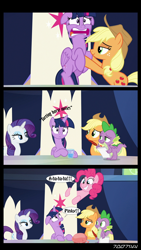 Size: 640x1134 | Tagged: safe, derpibooru import, edit, edited screencap, editor:teren rogriss, screencap, applejack, pinkie pie, rarity, spike, twilight sparkle, twilight sparkle (alicorn), alicorn, dragon, earth pony, pony, unicorn, the beginning of the end, comic, cowboy hat, descriptive noise, female, floppy ears, friendship throne, grin, hat, hooves, horn, mare, misspelling, open mouth, quill, screencap comic, smiling, speech bubble, twilight's castle, twilighting, whoopee cushion, winged spike