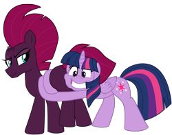 Size: 5048x3972 | Tagged: safe, artist:ejlightning007arts, tempest shadow, twilight sparkle, twilight sparkle (alicorn), alicorn, blank flank, broken horn, butthug, cute, eye scar, faceful of ass, female, horn, hug, lesbian, scar, shipping, simple background, smiling, tempass, tempestlight, transparent background, vector